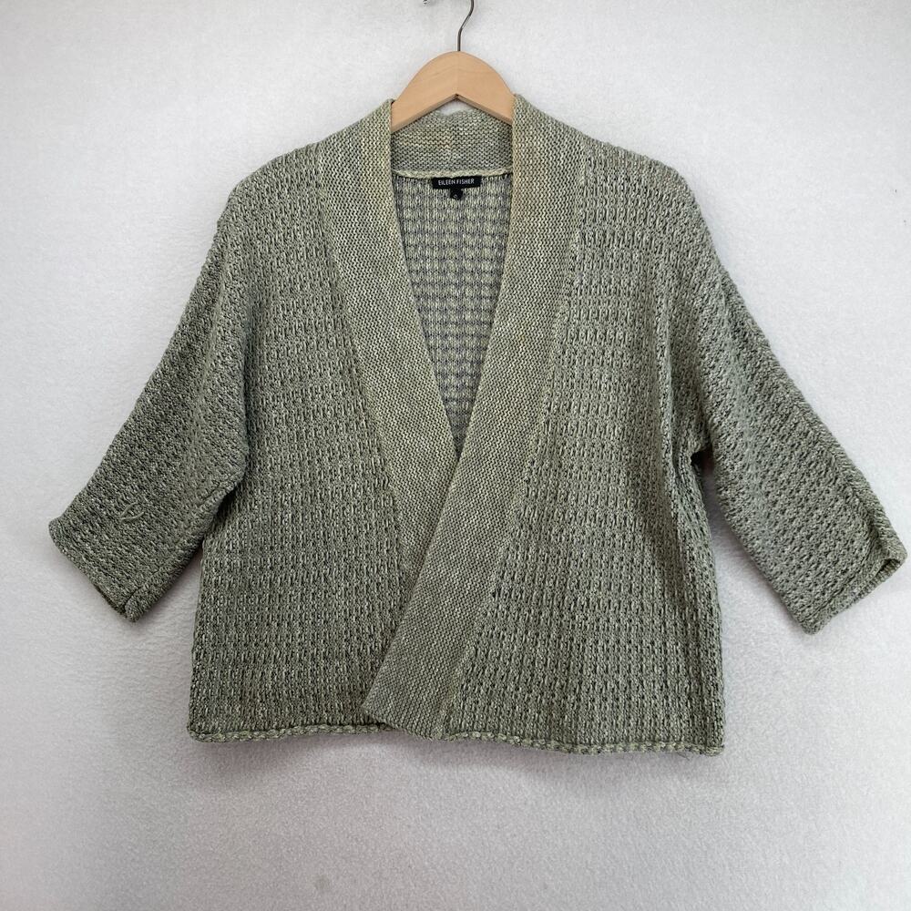 EILEEN FISHER Cardigan XL Cotton Slub Chunky Sweater Open Front 3/4 Sleeve Gray